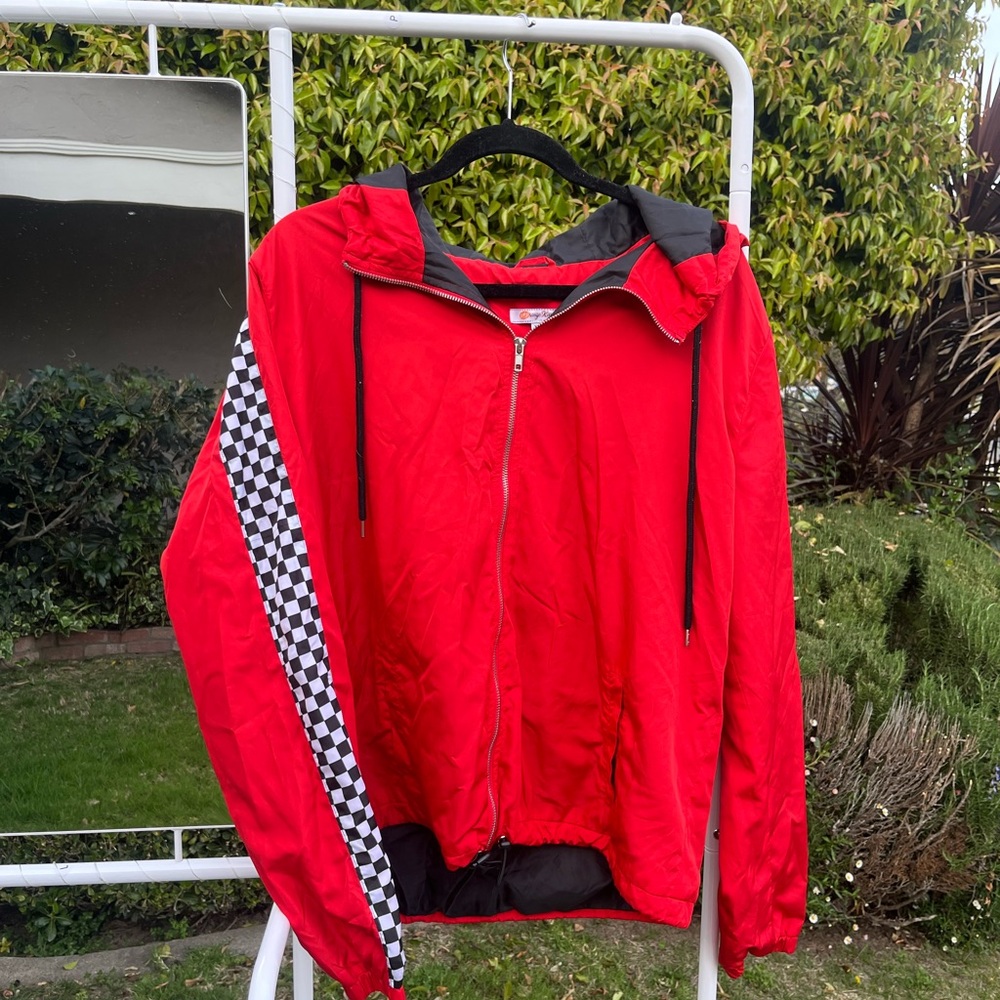 Red Hooded Windbreaker Jacket with Checkerboard Sleeve